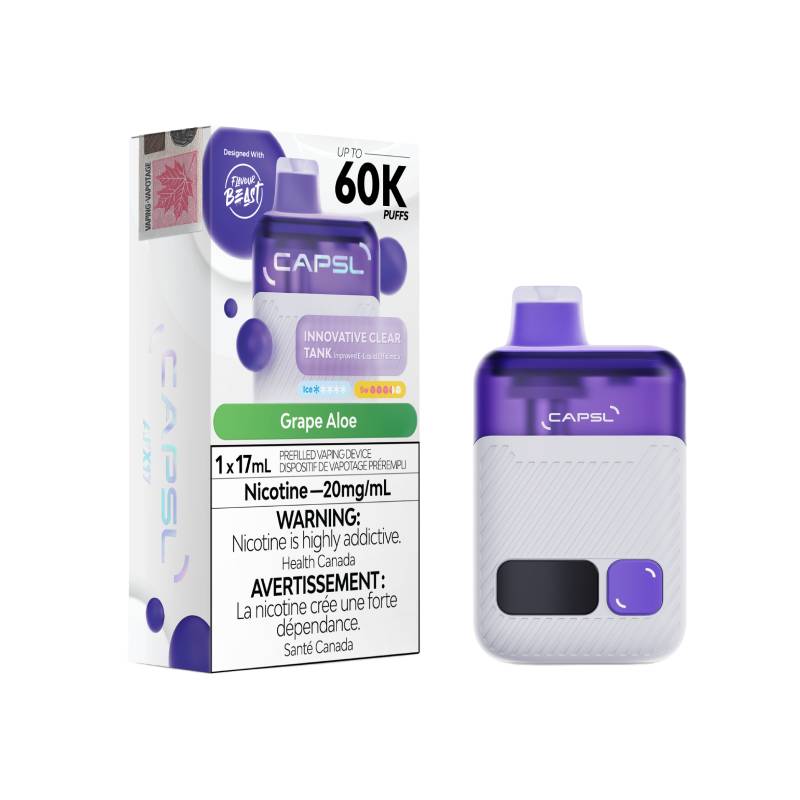 CAPSL 60K Disposable Vape in Grape Aloe flavour – refreshing mix, up to 60,000 puffs.