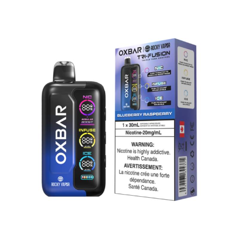 OXBAR Tri-Fusion 30mL Disposable Vape in Blueberry Raspberry flavour with packaging, featuring NIC, INFUSE, and ICE control system on a white background