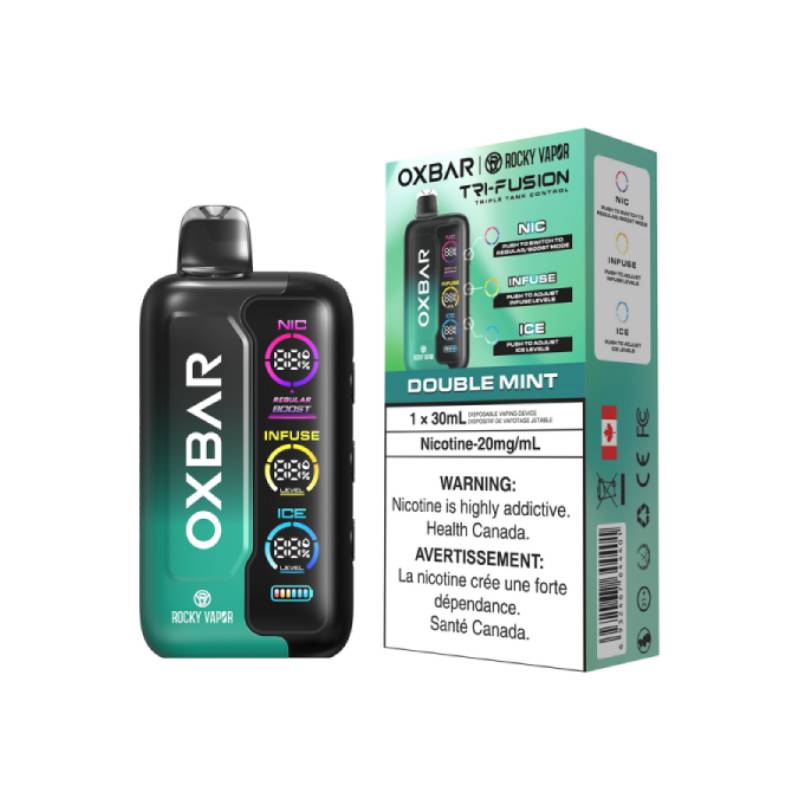 OXBAR Tri-Fusion 30mL Disposable Vape in Double Mint flavour with packaging, featuring NIC, INFUSE, and ICE control system on a white background
