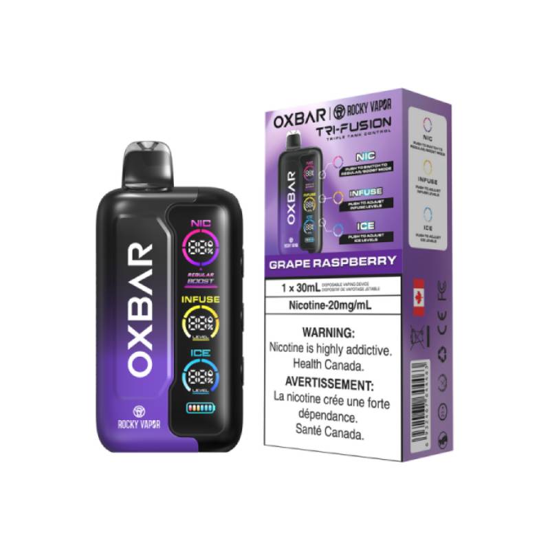 OXBAR Tri-Fusion 30mL Disposable Vape in Grape Raspberry flavour with packaging, featuring NIC, INFUSE, and ICE control system on a white background