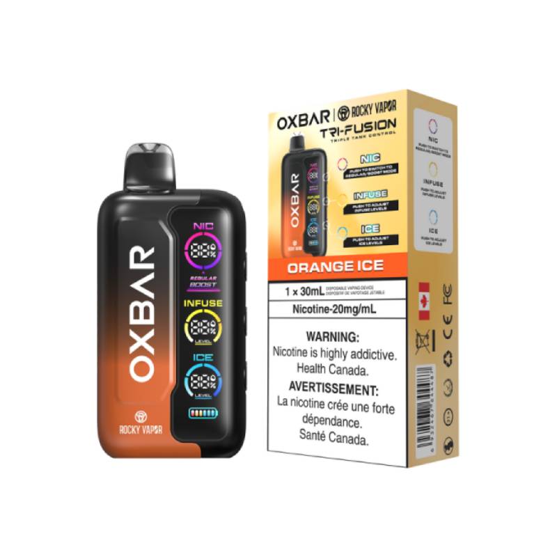 OXBAR Tri-Fusion 30mL Disposable Vape in Orange Ice flavour with packaging, featuring NIC, INFUSE, and ICE control system on a white background