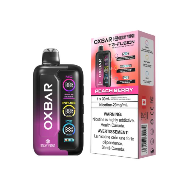 OXBAR Tri-Fusion 30mL Disposable Vape in Peach Berry flavour with packaging, featuring NIC, INFUSE, and ICE control system on a white background