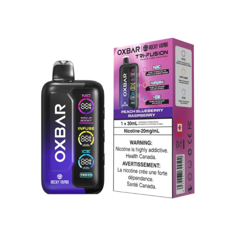OXBAR Tri-Fusion 30mL Disposable Vape in Peach Blueberry Raspberry flavour with packaging, featuring NIC, INFUSE, and ICE control system on a white background