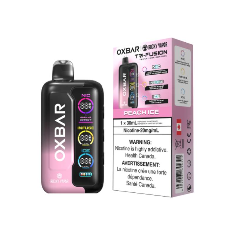 OXBAR Tri-Fusion 30mL Disposable Vape in Peach Ice flavour with packaging, featuring NIC, INFUSE, and ICE control system on a white background