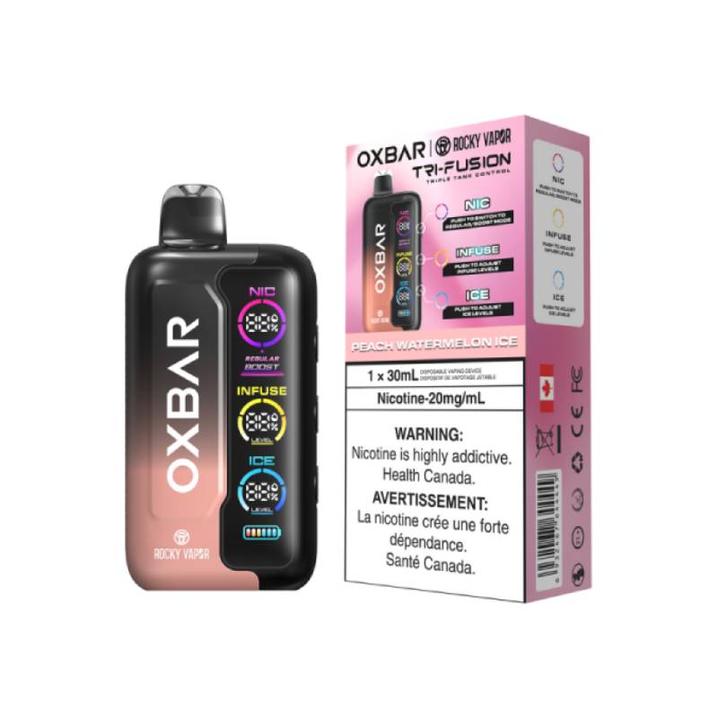 OXBAR Tri-Fusion 30mL Disposable Vape in Peach Watermelon Ice flavour with packaging, featuring NIC, INFUSE, and ICE control system on a white background