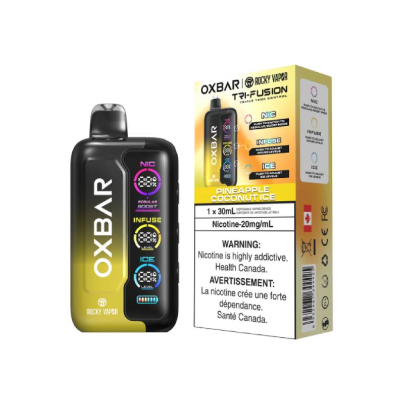 OXBAR Tri-Fusion 30mL Disposable Vape in Pineapple Coconut Ice flavour with packaging, featuring NIC, INFUSE, and ICE control system on a white background