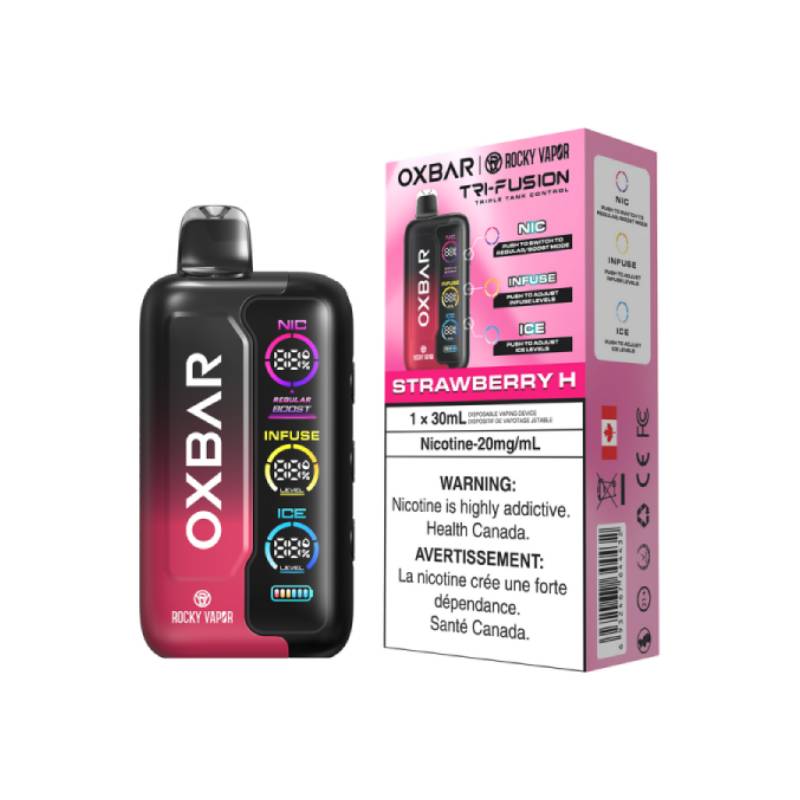 OXBAR Tri-Fusion 30mL Disposable Vape in Strawberry H flavour with packaging, featuring NIC, INFUSE, and ICE control system on a white background