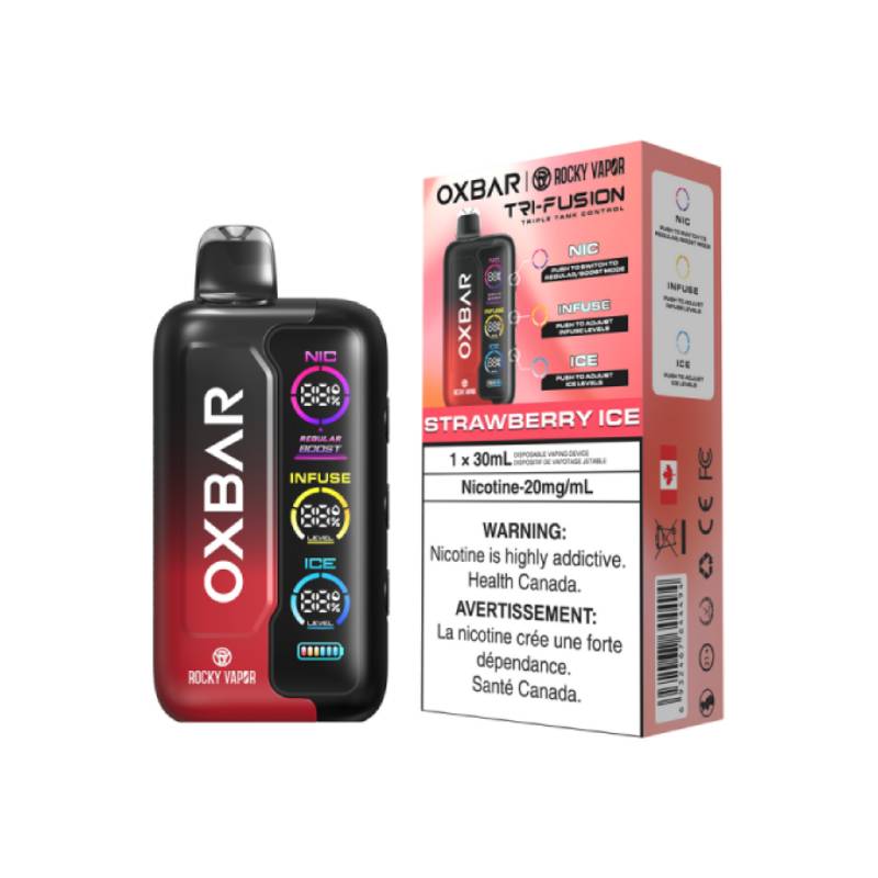 OXBAR Tri-Fusion 30mL Disposable Vape in Strawberry Ice flavour with packaging, featuring NIC, INFUSE, and ICE control system on a white background