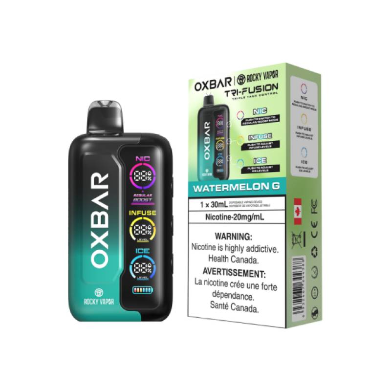 OXBAR Tri-Fusion 30mL Disposable Vape in Watermelon G flavour with product packaging, featuring NIC, INFUSE, and ICE control system on a white background