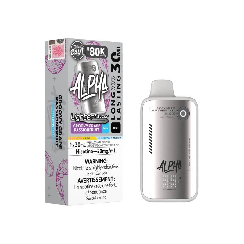 Flavour Beast ALPHA 80K Lighter Flavours Groovy Grape Passionfruit Iced disposable vape with retail packaging