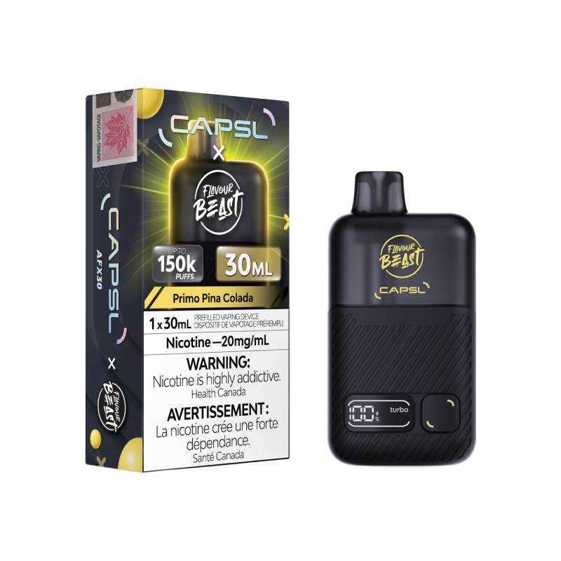 Flavour Beast x CAPSL AFX30 150K Primo Pina Colada disposable vape with retail packaging