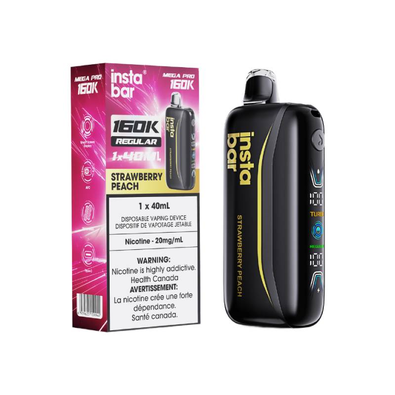 Insta Bar Mega Pro 160K Strawberry Peach disposable vape with retail packaging