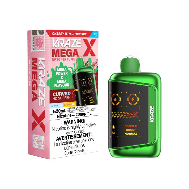 Kraze Mega X 48K disposable vape with cherry mint citrus ice flavour, 20mg nicotine