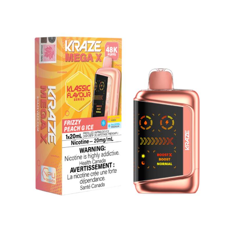 Kraze Mega X 48K Frizzy Peach G Ice Disposable Vape 20mg with up to 48000 puffs and fizzy peach ice flavour