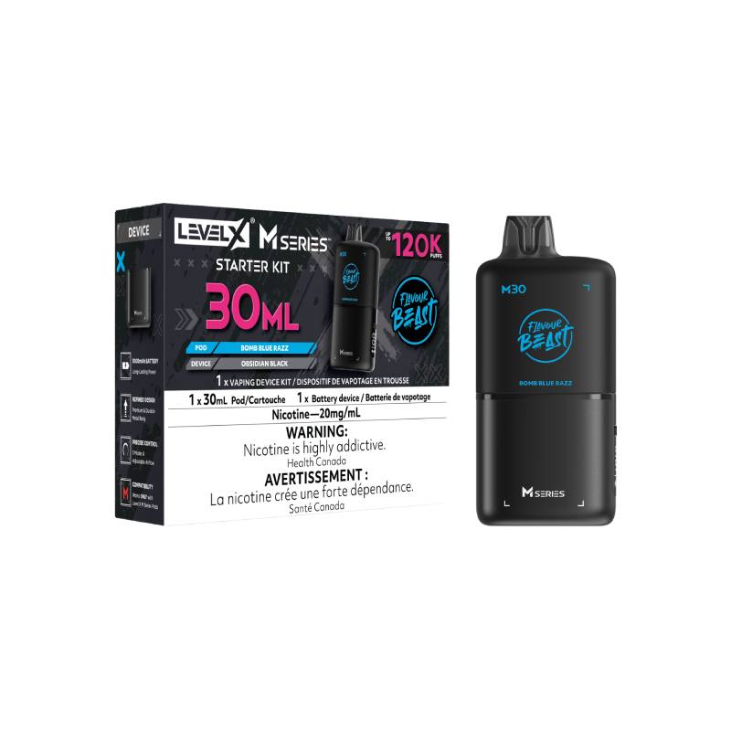 Level X M Series M30 120K Bomb Blue Razz vape starter kit with device and retail packaging