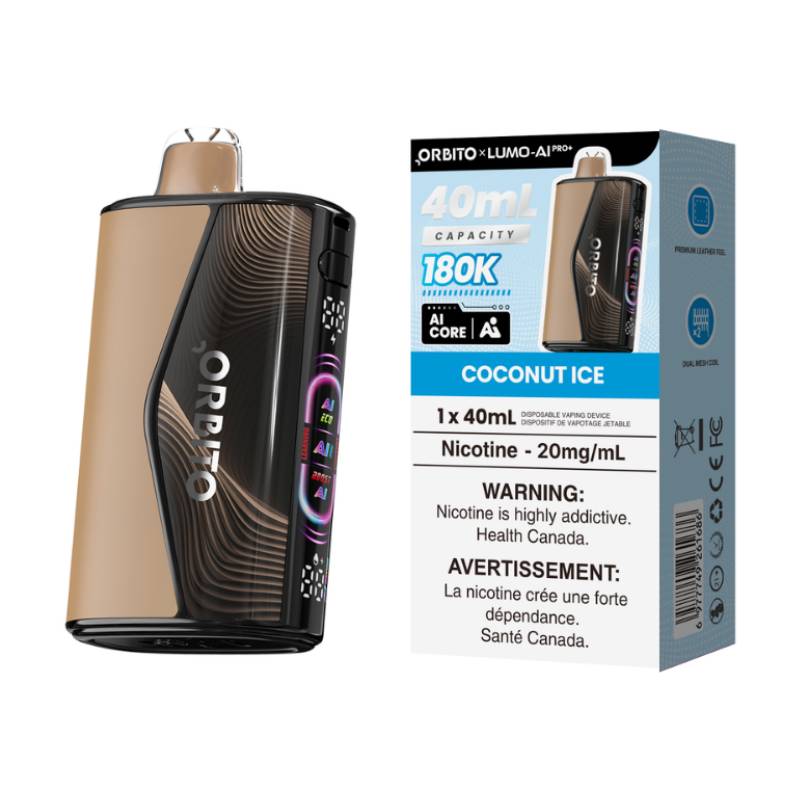 Orbito Lumo AI Pro+ 180K Coconut Ice disposable vape with retail packaging