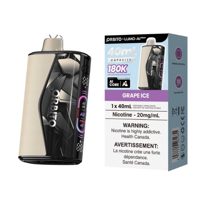 Orbito Lumo AI Pro+ 180K Grape Ice disposable vape with retail packaging