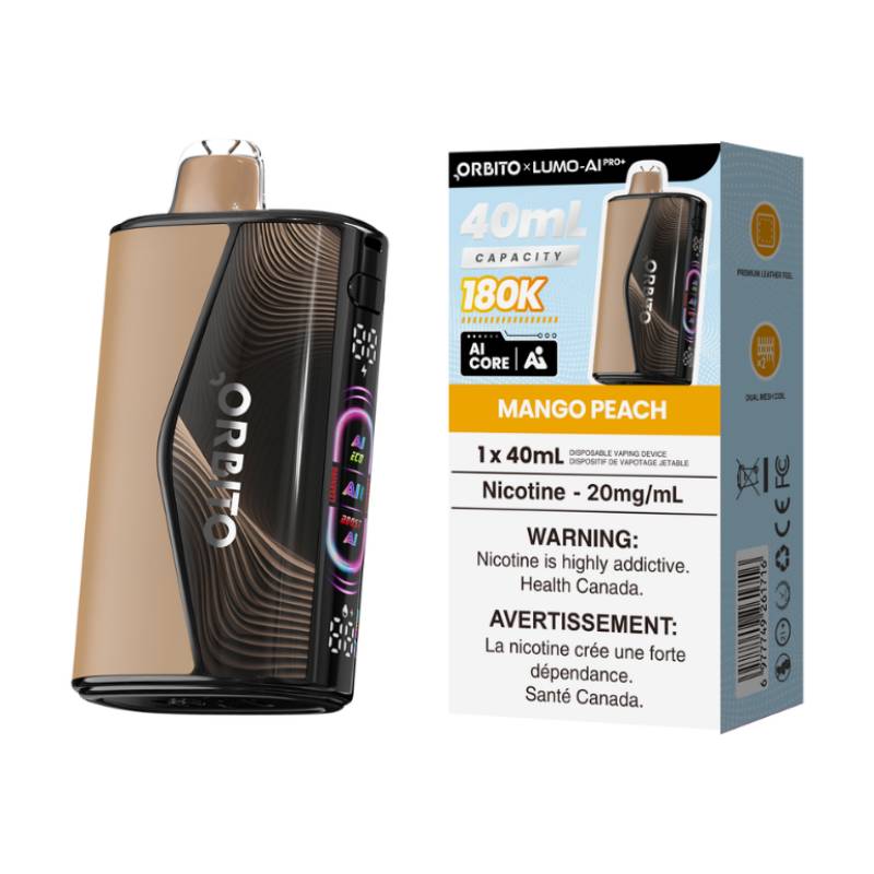 Orbito Lumo AI Pro+ 180K Mango Peach disposable vape with retail packaging