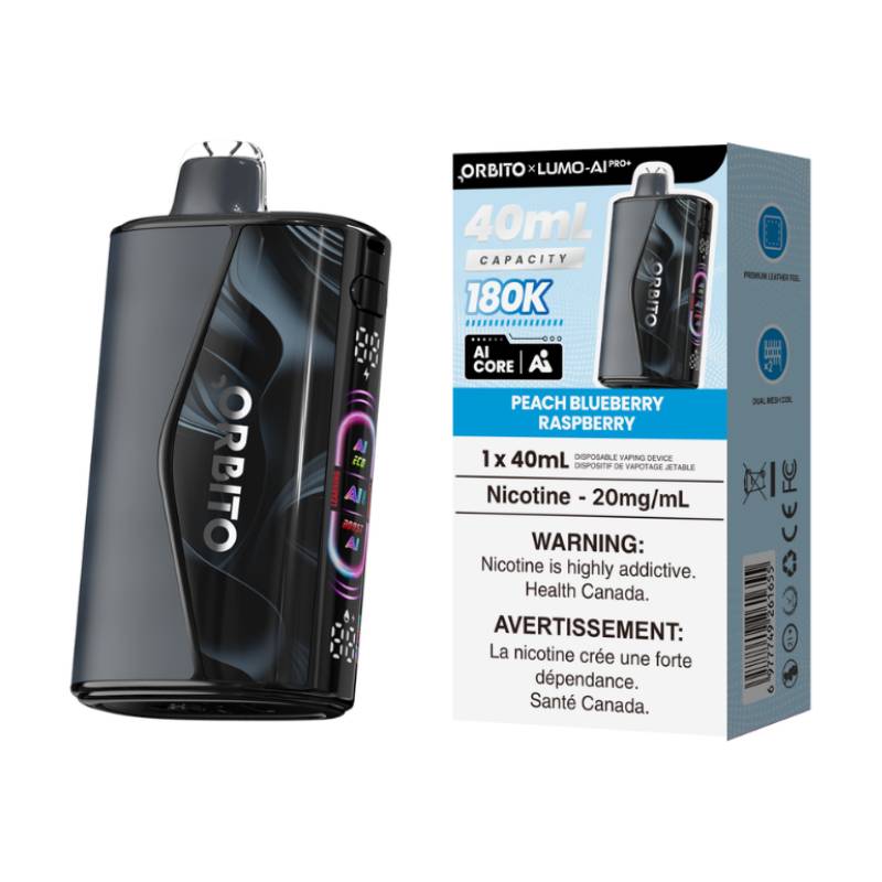 Orbito Lumo AI Pro+ 180K Peach Blueberry Raspberry disposable vape with retail packaging