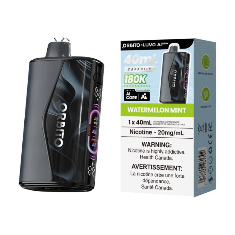 Orbito Lumo AI Pro+ 180K Watermelon Mint disposable vape with retail packaging