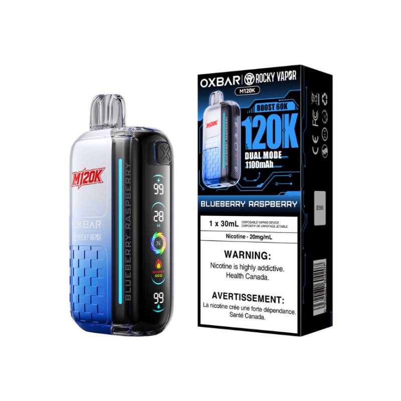 OXBAR x Rocky Vapor M120K Blueberry Raspberry disposable vape with retail packaging