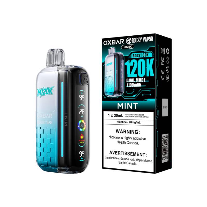 OXBAR x Rocky Vapor M120K Mint disposable vape with retail packaging