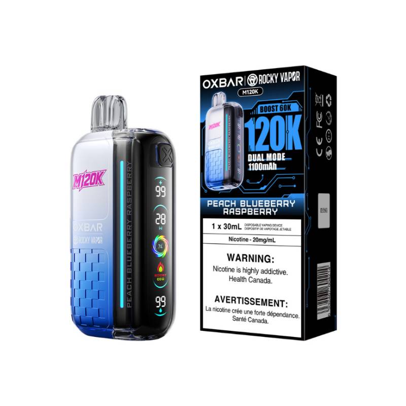 OXBAR x Rocky Vapor M120K Peach Blueberry Raspberry disposable vape with retail packaging