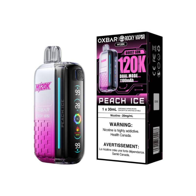 OXBAR x Rocky Vapor M120K Peach Ice disposable vape with retail packaging