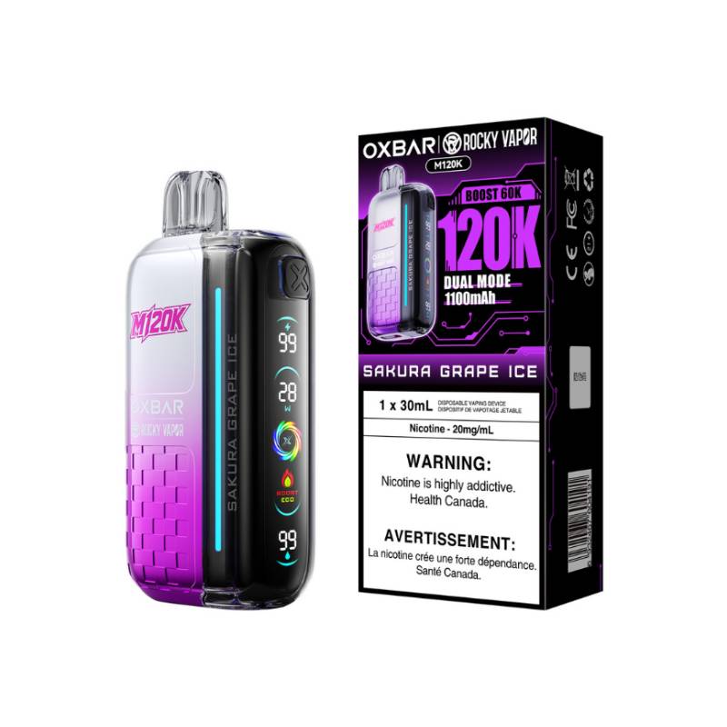 OXBAR x Rocky Vapor M120K Sakura Grape Ice disposable vape with retail packaging