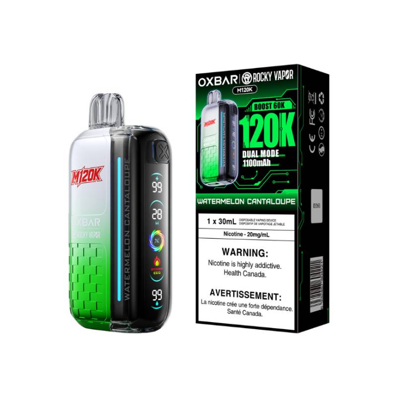 OXBAR x Rocky Vapor M120K Watermelon Cantaloupe disposable vape with retail packaging