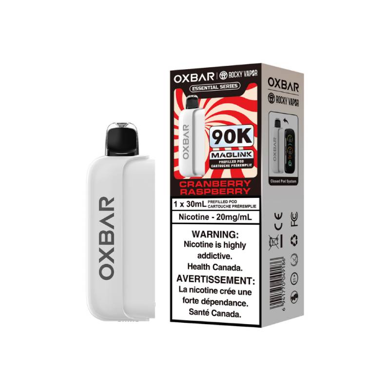 OXBAR x Rocky Vapor Magic Link 90K Essential Series Cranberry Raspberry prefilled vape pod with retail packaging
