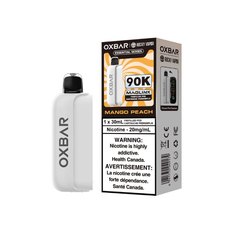 OXBAR x Rocky Vapor Magic Link 90K Essential Series Mango Peach prefilled vape pod with retail packaging