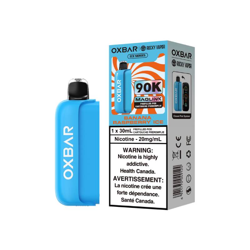 OXBAR x Rocky Vapor Magic Link 90K Ice Series Banana Raspberry Ice prefilled vape pod with retail packaging