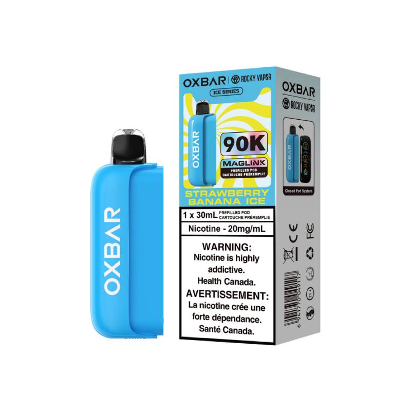 OXBAR x Rocky Vapor Magic Link 90K Ice Series Strawberry Banana Ice prefilled vape pod with retail packaging