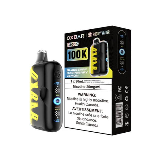 Oxbar 100K Blueberry Raspberry Lemon disposable vape device with packaging and LED display