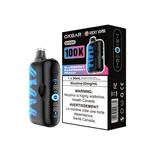 Oxbar 100K Blueberry Raspberry Peach disposable vape device with packaging and LED display