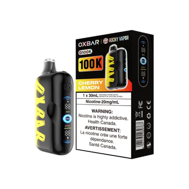 Oxbar 100K Cherry Lemon disposable vape device with packaging and LED display