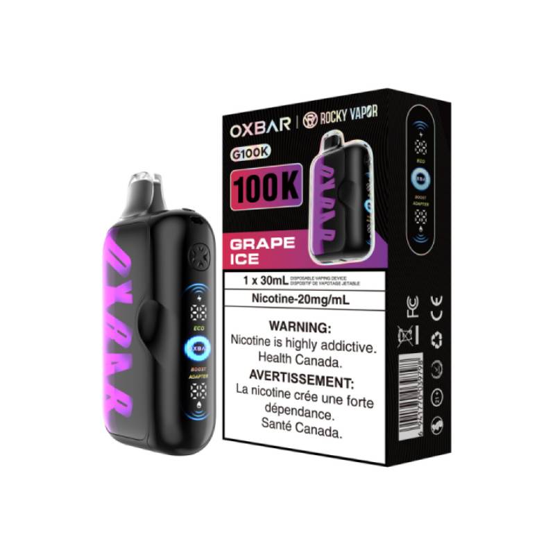Oxbar 100K Grape Ice disposable vape device with packaging and LED display