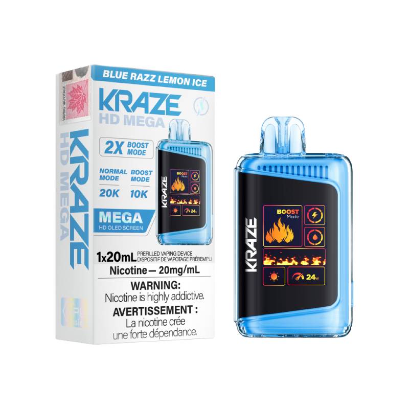 Kraze HD Mega Disposable Vape - Blue Razz Lemon Ice, 20000 Puffs ...