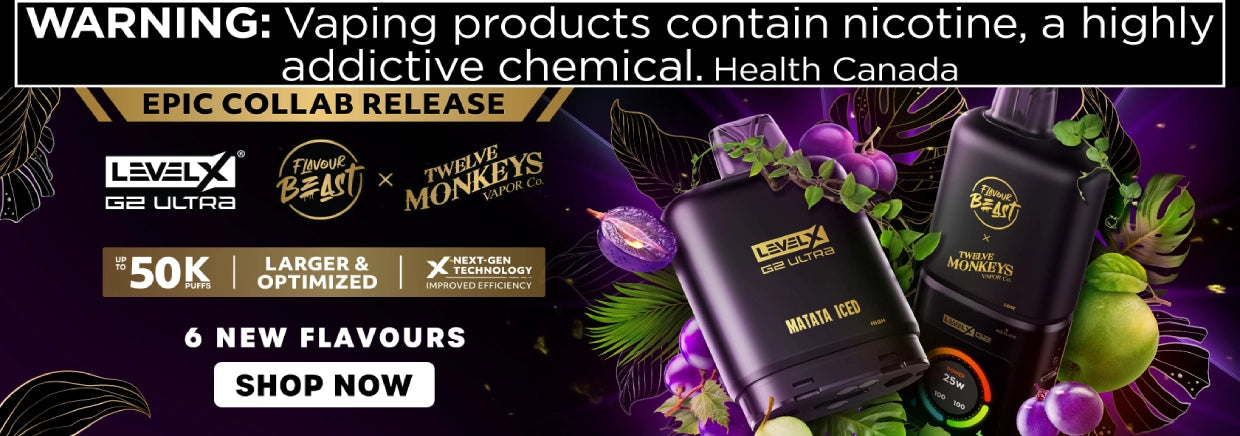 Promotional banner for vaping products with brand logos and product images on a dark background.