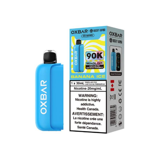 Oxbar Maglink 90K Pods Banana Ice flavour vape pod device with 30mL prefilled cartridge and 20mg nicotine strength packaging