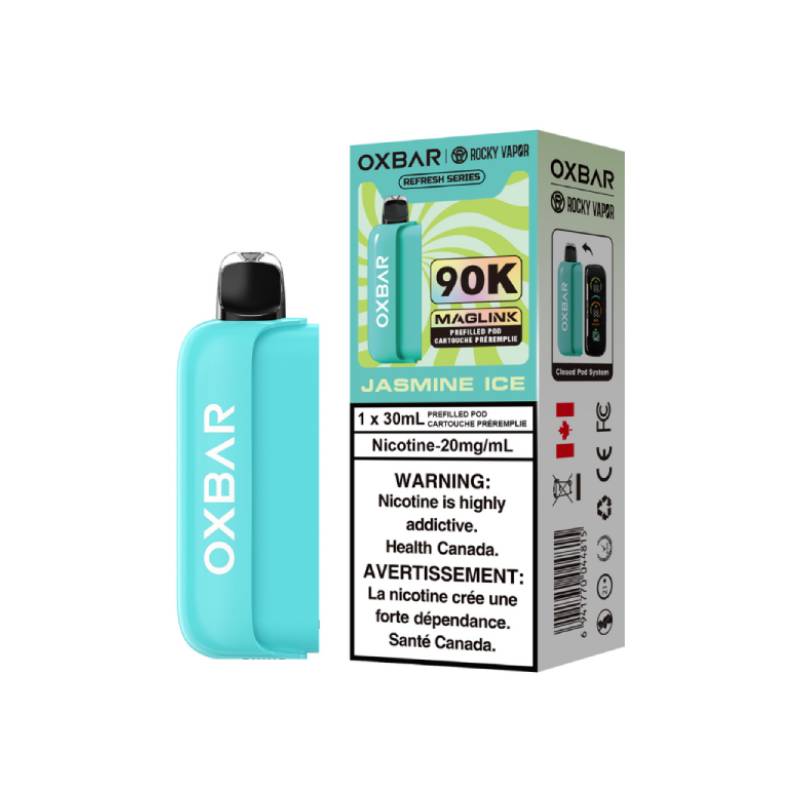 Oxbar Maglink 90K Pods Jasmine Ice flavour vape pod device with 30mL prefilled cartridge and 20mg nicotine strength packaging