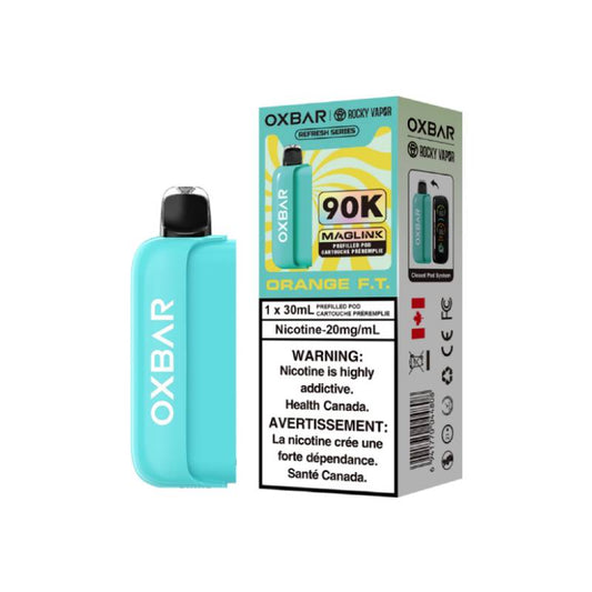 Oxbar Maglink 90K Pods Orange F.T flavour vape pod device with 30mL prefilled cartridge and 20mg nicotine strength packaging