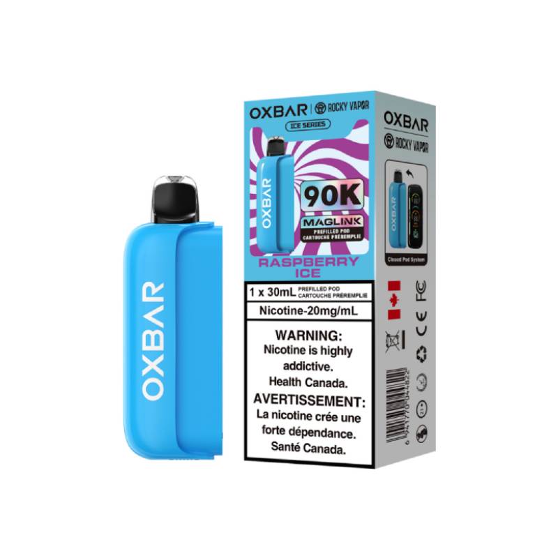 Oxbar Maglink 90K Pods Raspberry Ice flavour vape pod device with 30mL prefilled cartridge and 20mg nicotine strength packaging