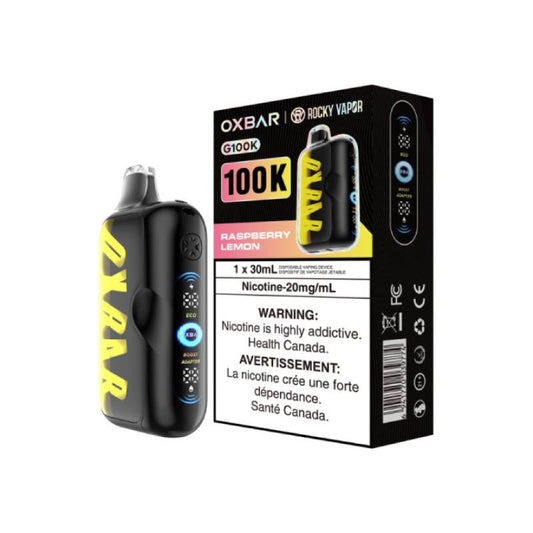 Oxbar 100K Raspberry Lemon disposable vape device with packaging and LED display