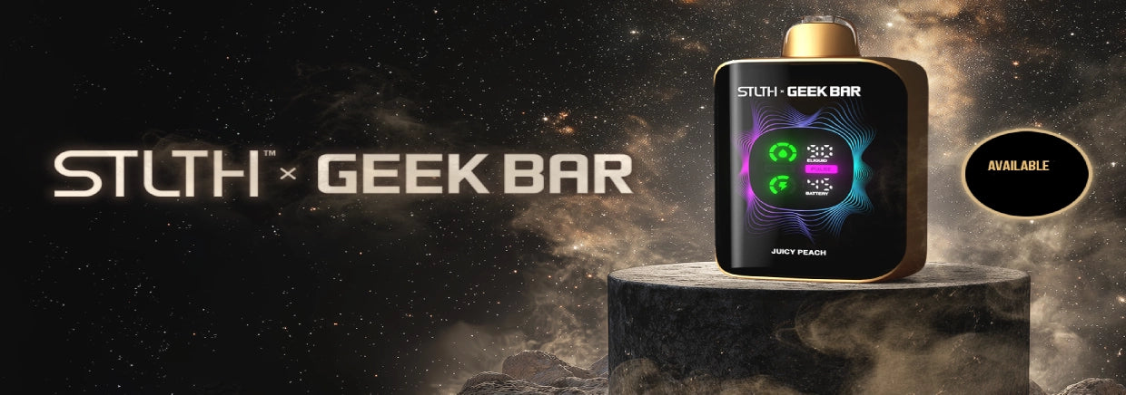 STLTH x Geek Bar vape device on a dark background with branding text.