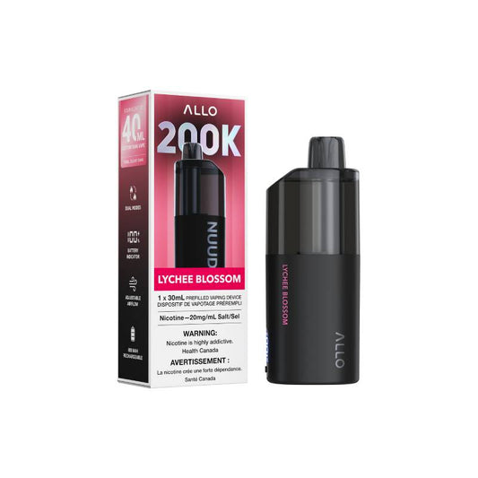 ALLO NUUD 200K Lychee Blossom disposable vape with retail packaging