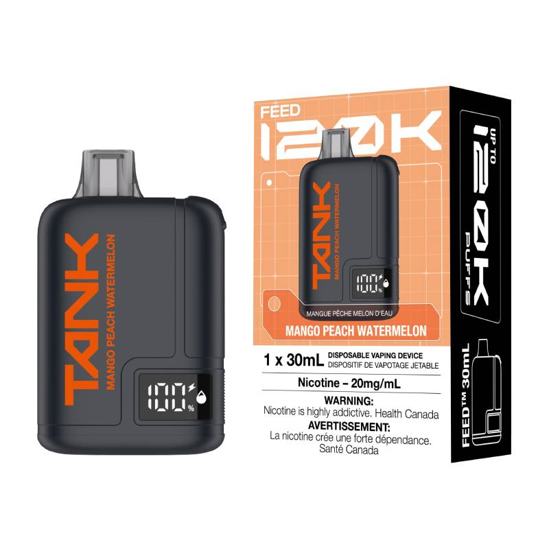 FEED TANK 120K Mango Peach Watermelon disposable vape with retail packaging