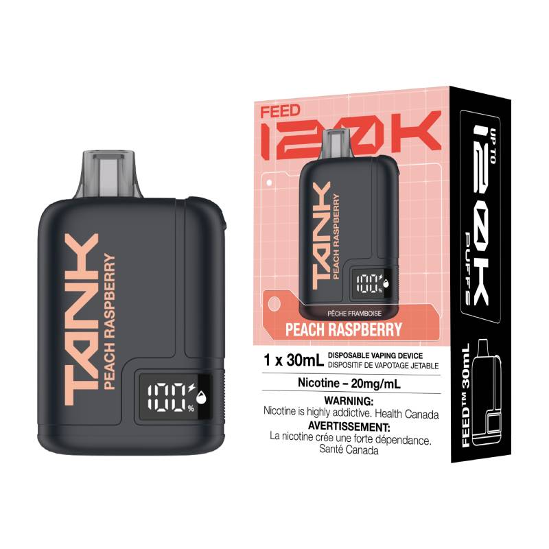 FEED TANK 120K Peach Raspberry disposable vape with retail packaging