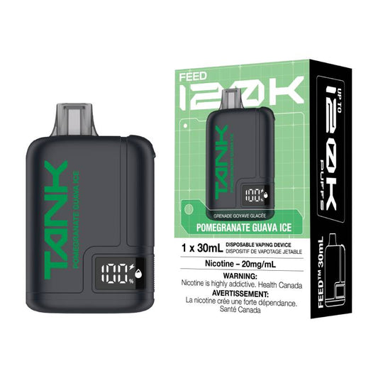 FEED TANK 120K Pomegranate Guava Ice disposable vape with retail packaging